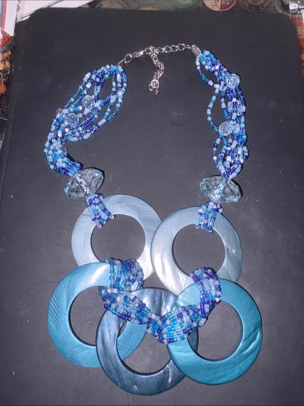 Multi-Blue Multiring Beaded Shells Statement Necklace - Handmade NWT
